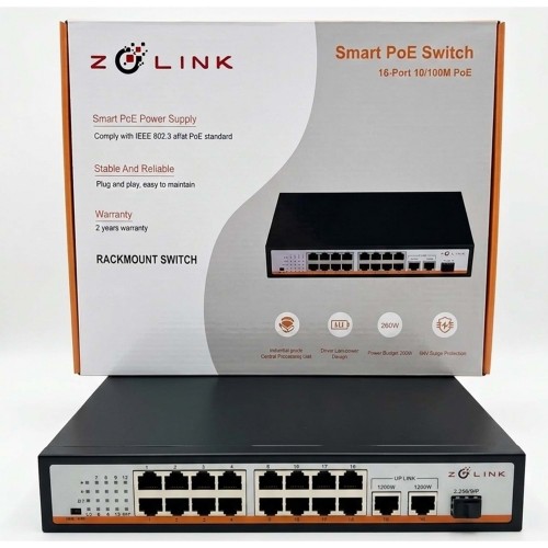 Zolink ZNT-SW-16P2UG1S-V3 10/100 16+2 Rackmount PoE Switch 2 Port 1000M Uplink 260w